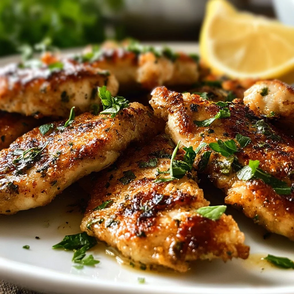 Plate of homemade Greek Chicken Tenders garnished with lemon and herbs