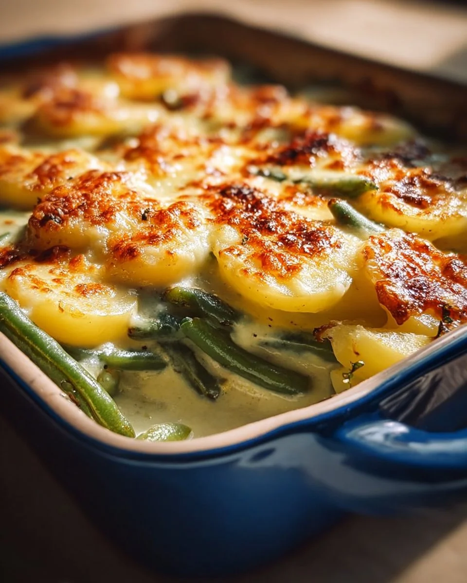 Green Bean and Potato Casserole garnished and ready to serve.