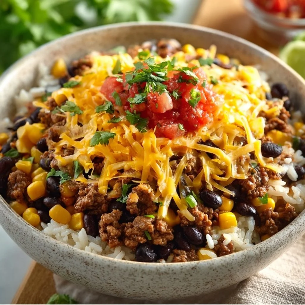 Delicious Ground Beef Burrito Bowl with fresh toppings and rice