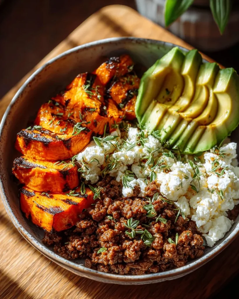 Delicious Ground Beef Hot Honey Bowl with a spicy-sweet sauce and fresh toppings