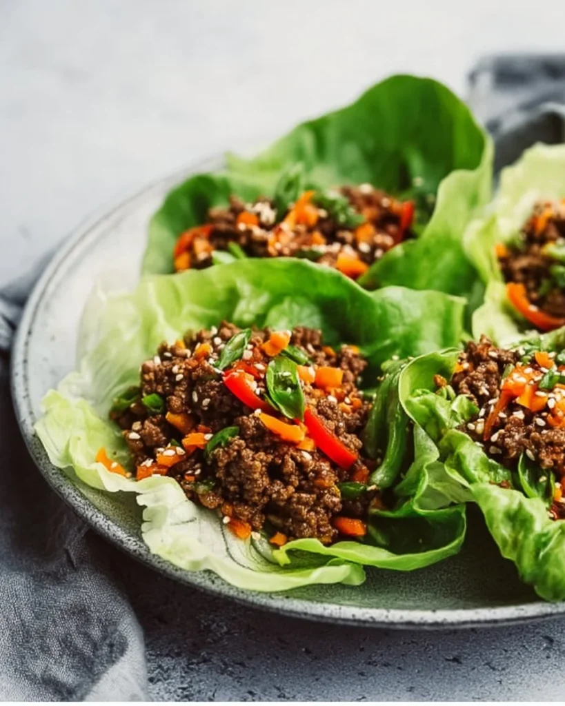 Delicious ground beef lettuce wraps ready to serve with fresh ingredients