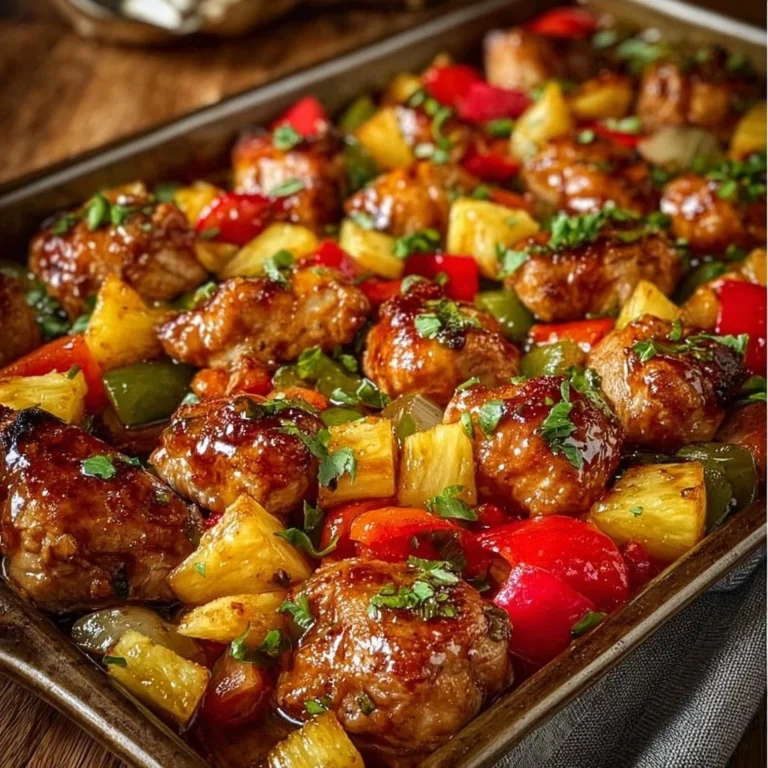 Sheet pan meal featuring Hawaiian Chicken with vibrant vegetables and flavorful glaze.