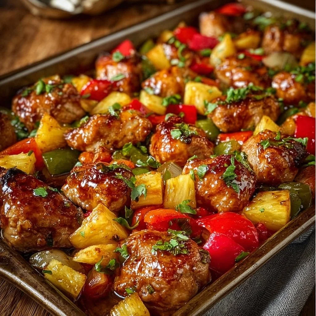 Sheet pan meal featuring Hawaiian Chicken with vibrant vegetables and flavorful glaze.