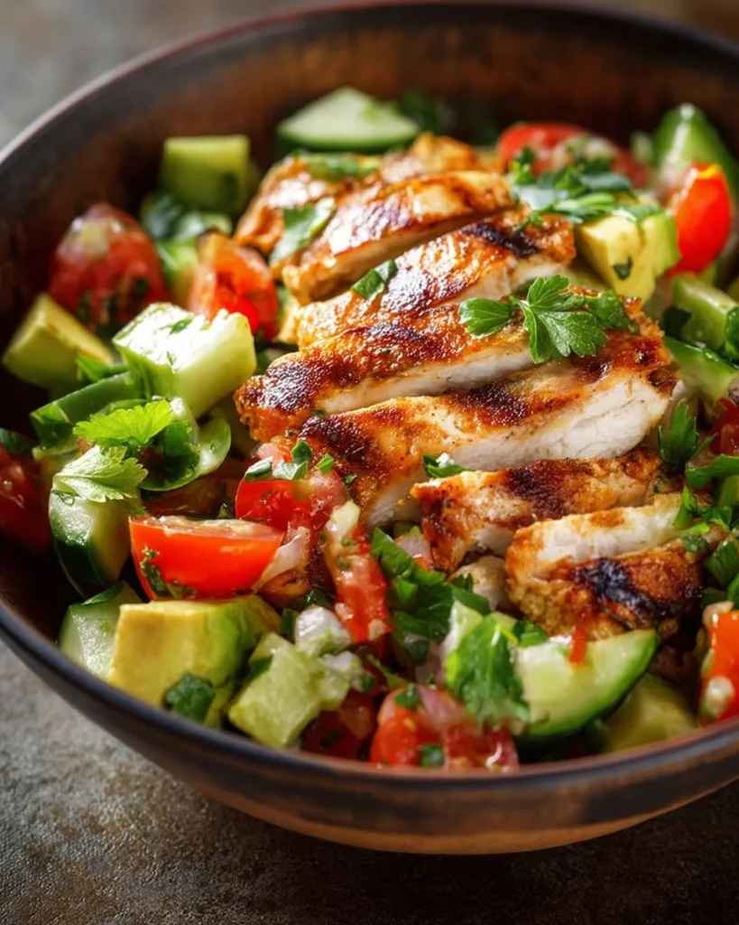 Healthy avocado chicken salad with fresh ingredients and vibrant colors.