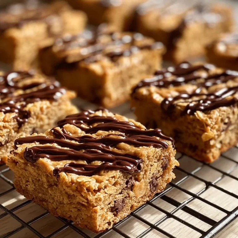Healthy peanut butter oatmeal bars with chunks of peanut butter and oats