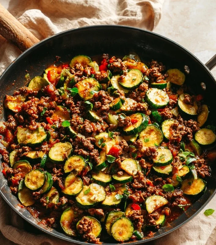 Healthy zucchini beef stir-fry with colorful vegetables in a bowl