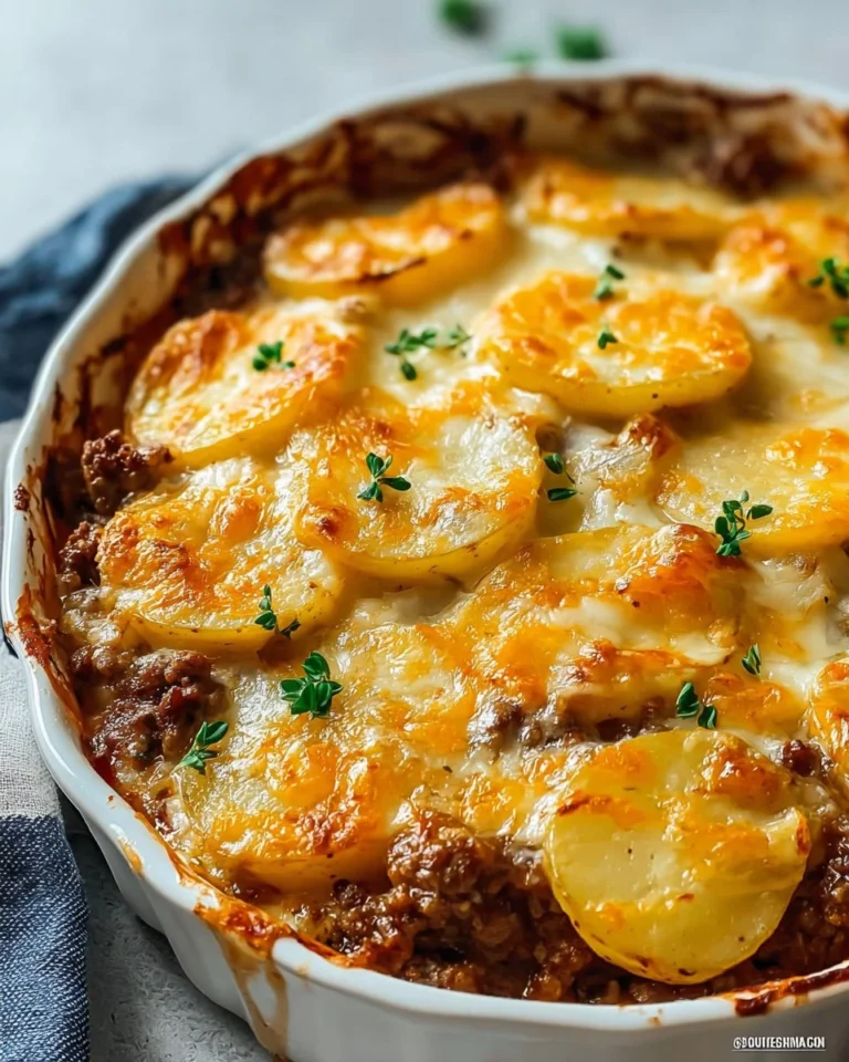 Delicious Hobo Casserole with ground beef and potatoes in a baking dish