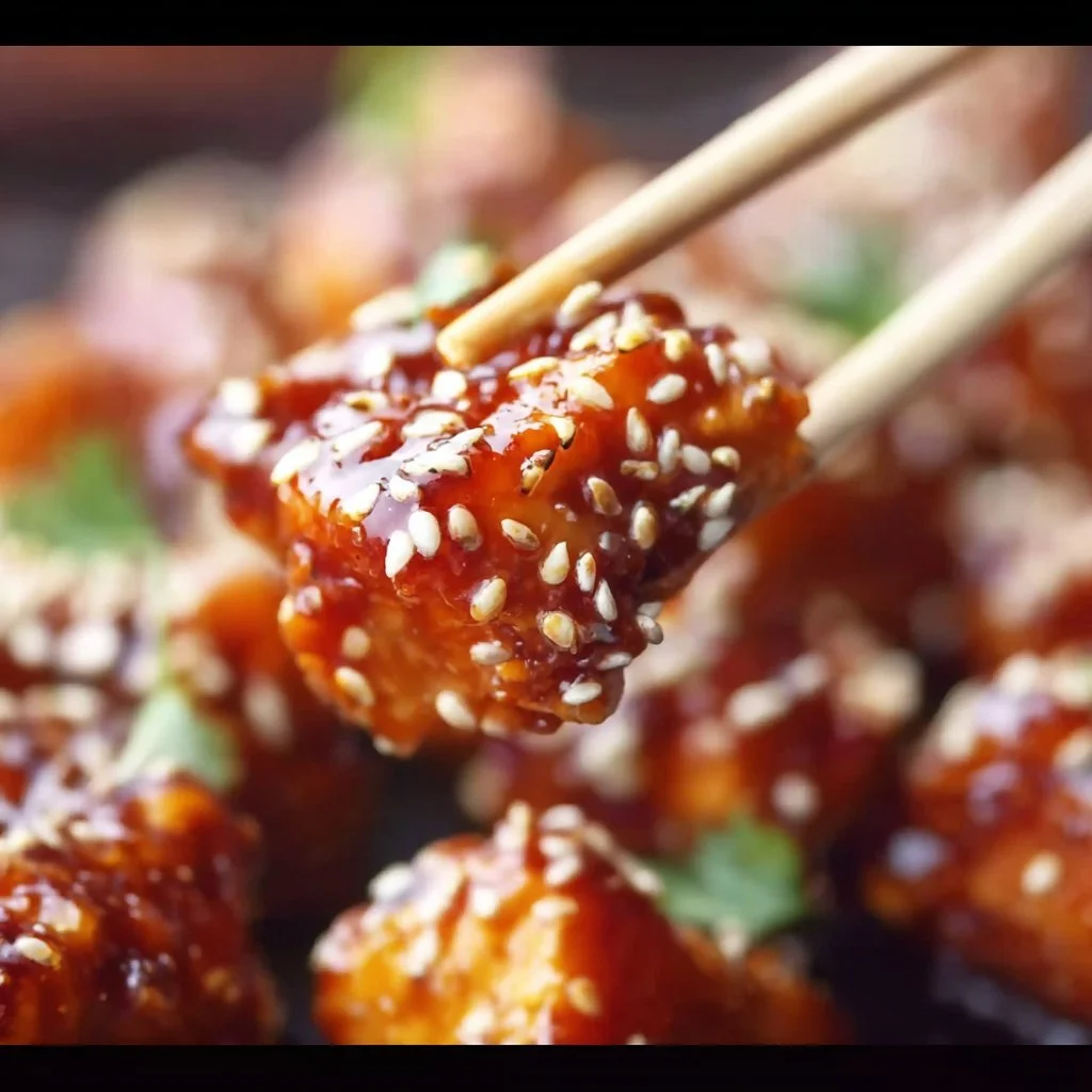 Homemade crispy sesame chicken garnished with sesame seeds and vegetables