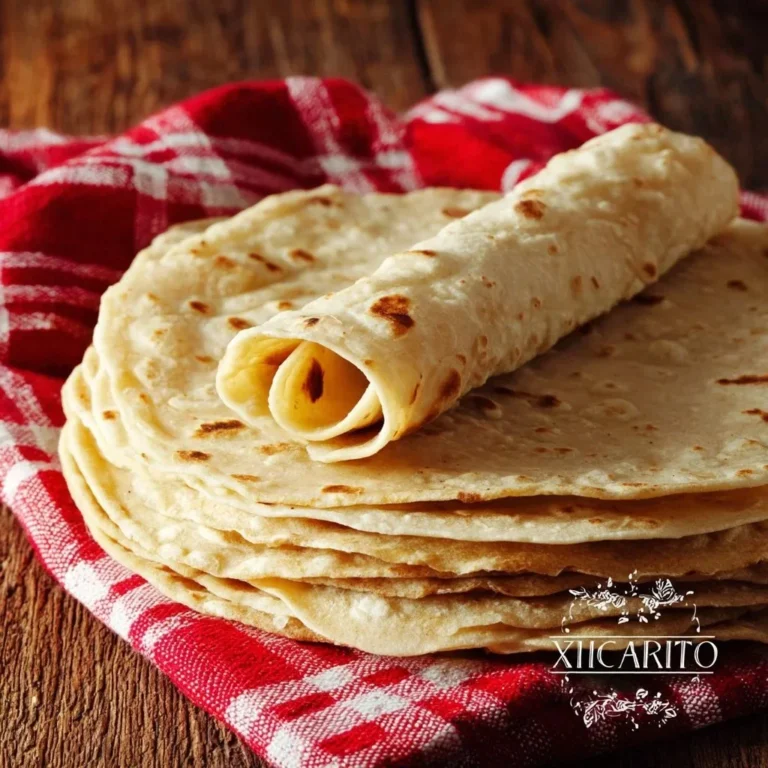 Freshly made homemade flour tortillas stacked on a rustic wooden surface.