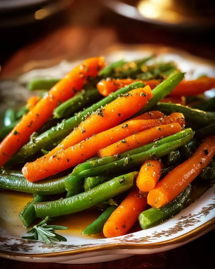 Honey glazed carrots with green beans in a vibrant dish