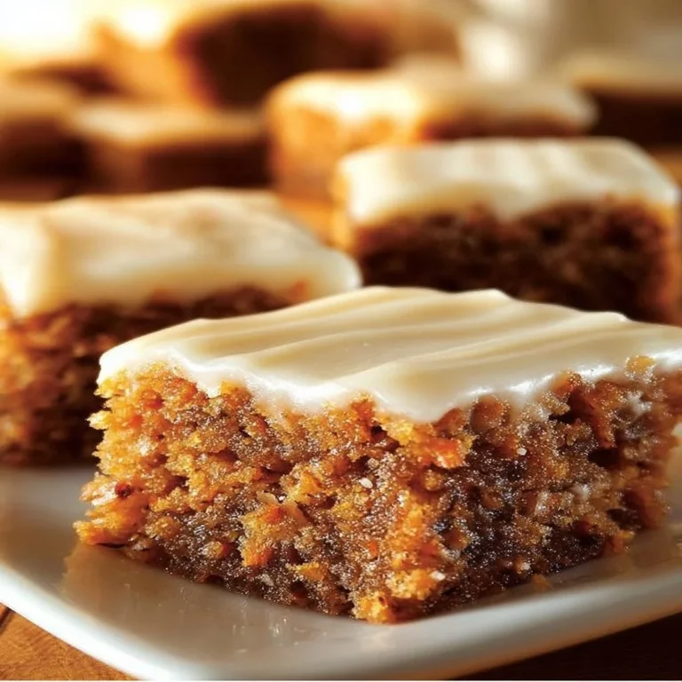 Homemade carrot cake bars with cream cheese frosting and walnuts