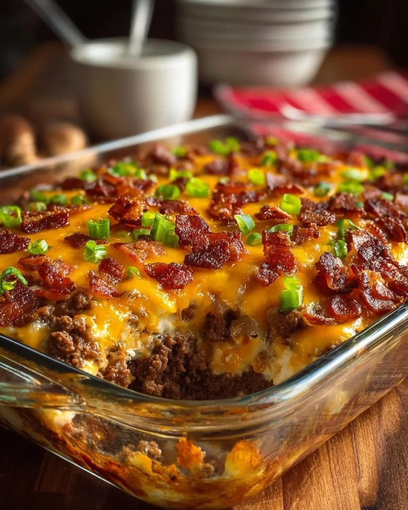 Delicious low-carb bacon cheeseburger casserole dish topped with cheese and bacon