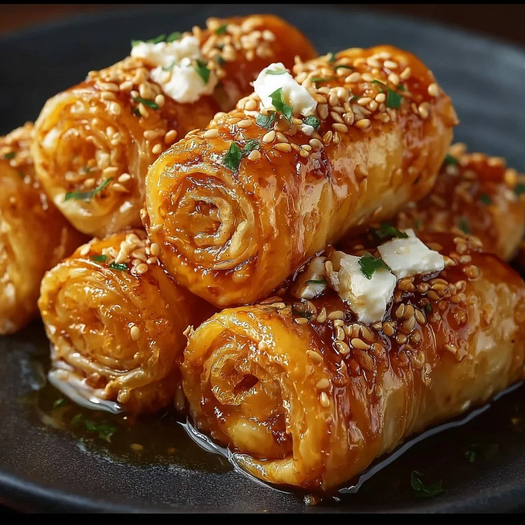 Crispy oven fried feta rolls topped with chili honey for a delicious appetizer