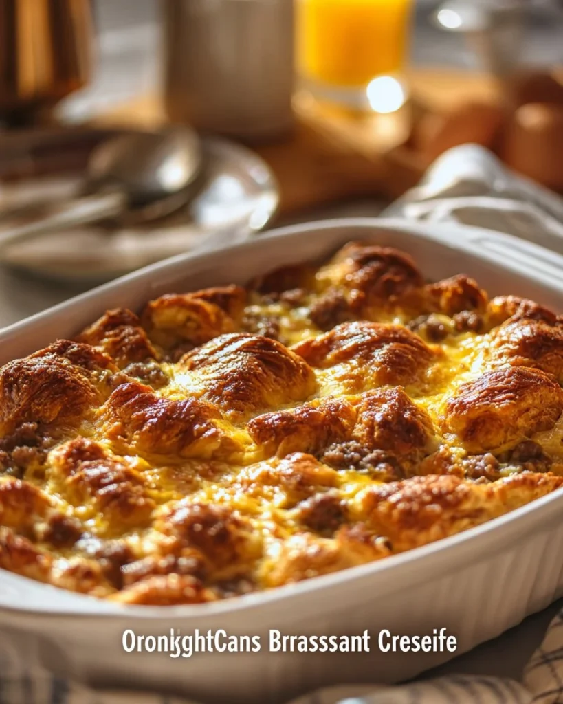 Delicious overnight croissant breakfast casserole ready to serve.