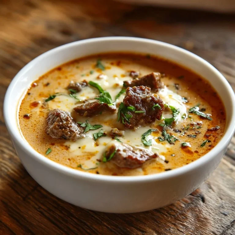 Bowl of creamy cheese steak soup topped with herbs and cheese