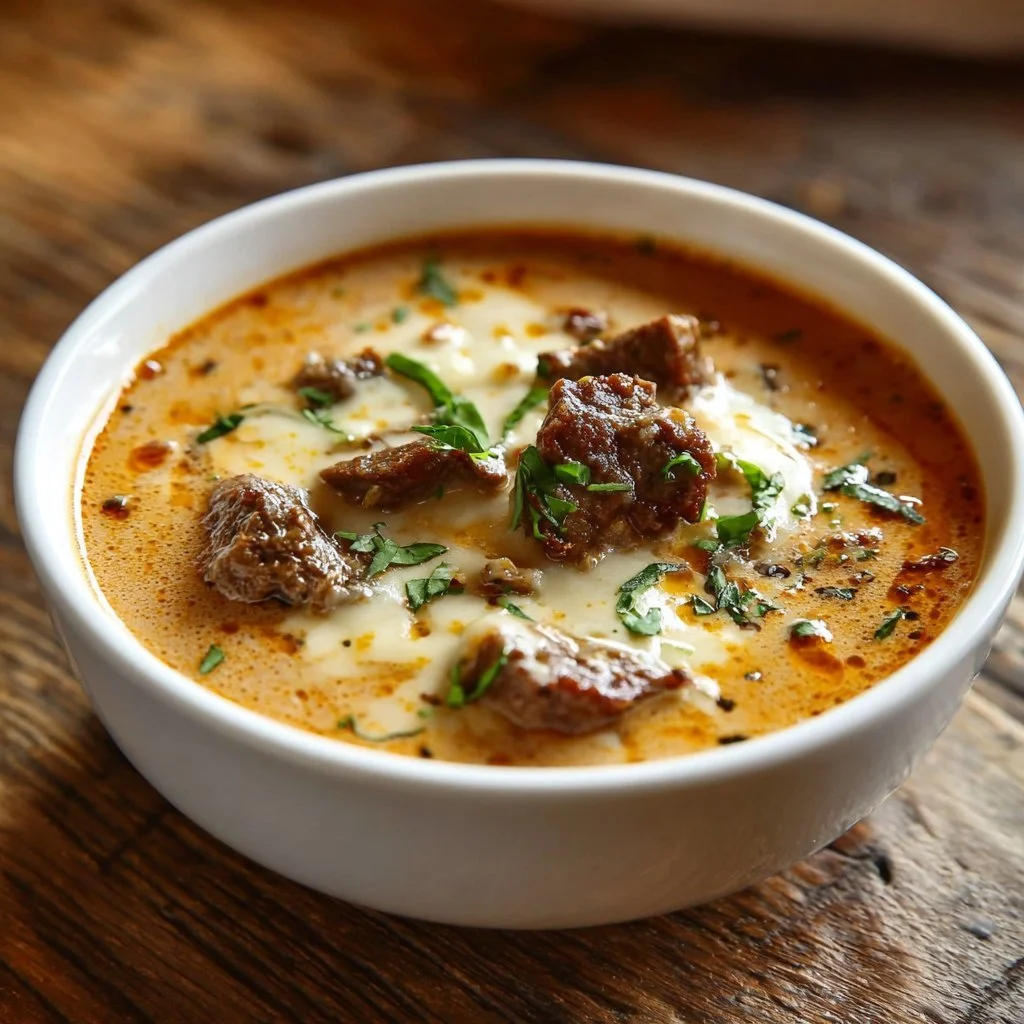 Bowl of creamy cheese steak soup topped with herbs and cheese