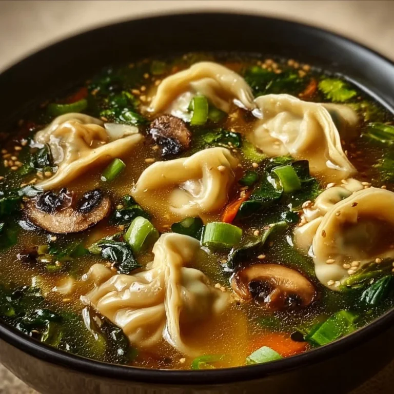 Bowl of hot potsticker soup with dumplings and fresh vegetables