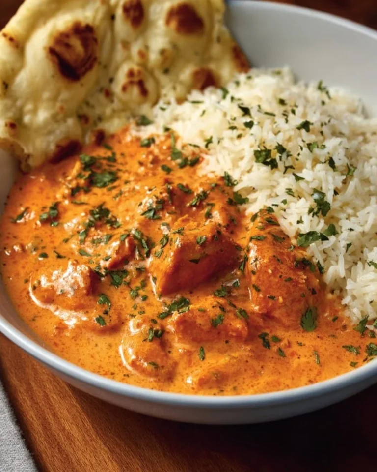 Delicious homemade butter chicken served with rice and fresh herbs