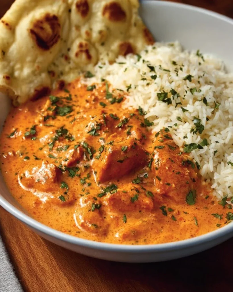 Delicious homemade butter chicken served with rice and fresh herbs