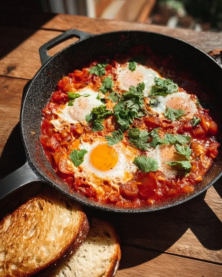 A vibrant plate of shakshuka with poached eggs in rich tomato sauce.