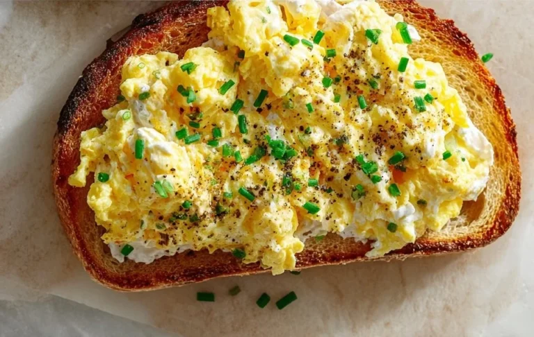 Delicious Egg Ricotta Toast with fresh herbs on a rustic plate.