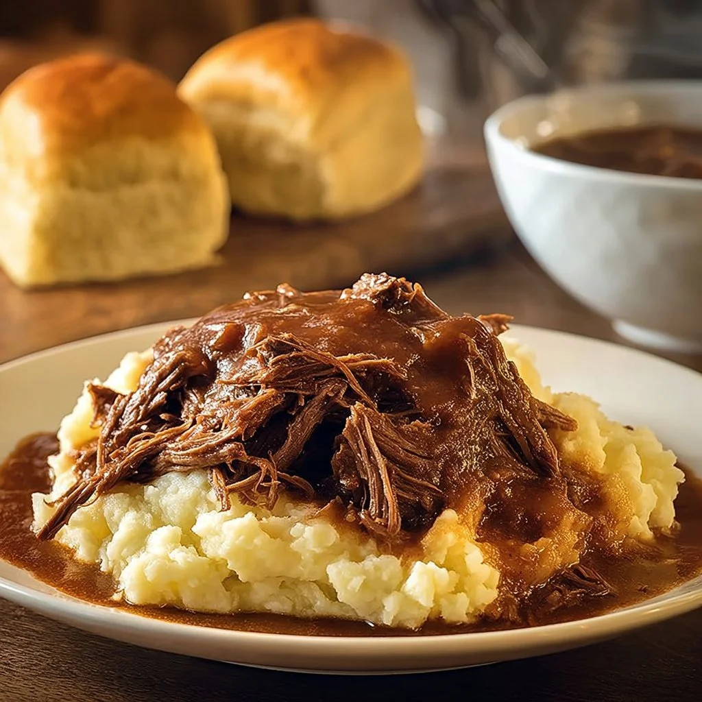 Slow Cooker Beef Manhattan served with creamy mashed potatoes and vegetables