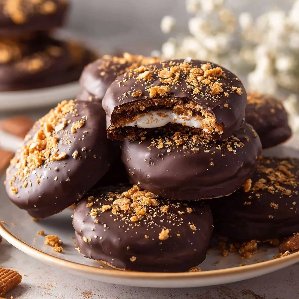 Delicious S'mores Cracker Cookies stacked on a plate