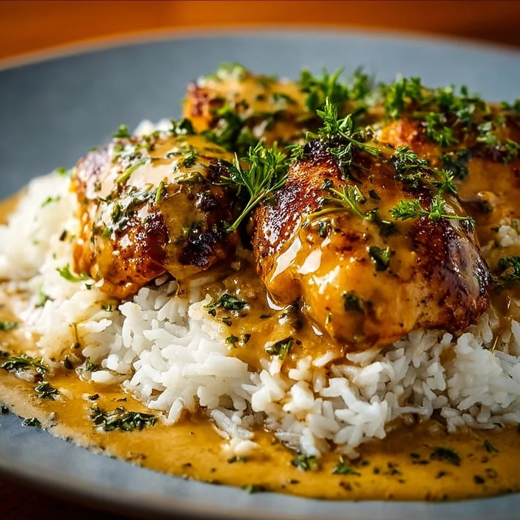 Delicious smothered chicken served over a bed of rice with savory gravy