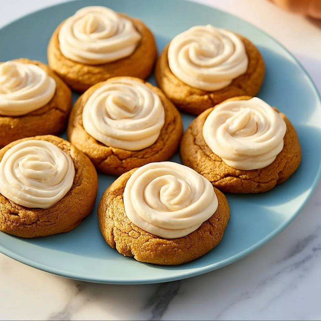 Soft Pumpkin Spice Cheesecake Cookies on a plate with fall decor