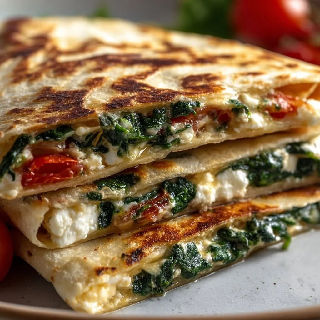 Delicious Spinach and Feta Quesadillas on a plate, ready to be enjoyed.