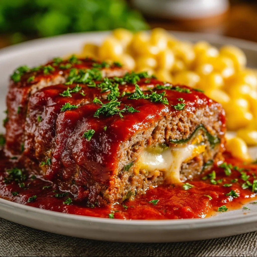 Stuffed Italian meatloaf with herbs and cheese on a plate