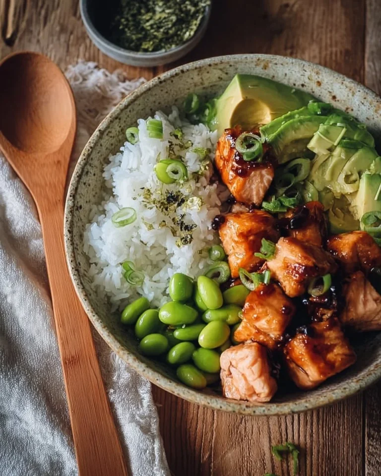 Teriyaki Salmon Sushi Bowl with glazed salmon and fresh toppings