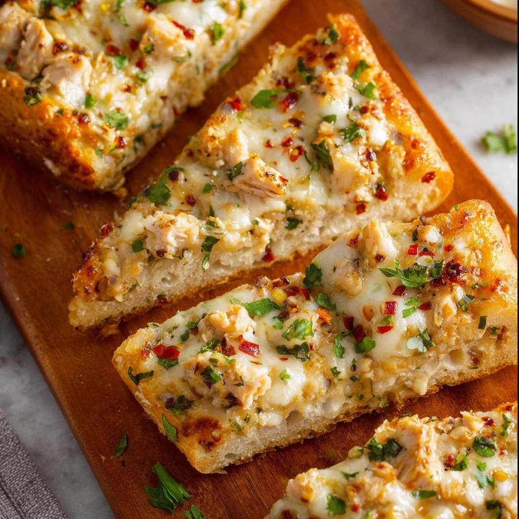Viral Chicken Alfredo Garlic Bread with melted cheese and creamy sauce