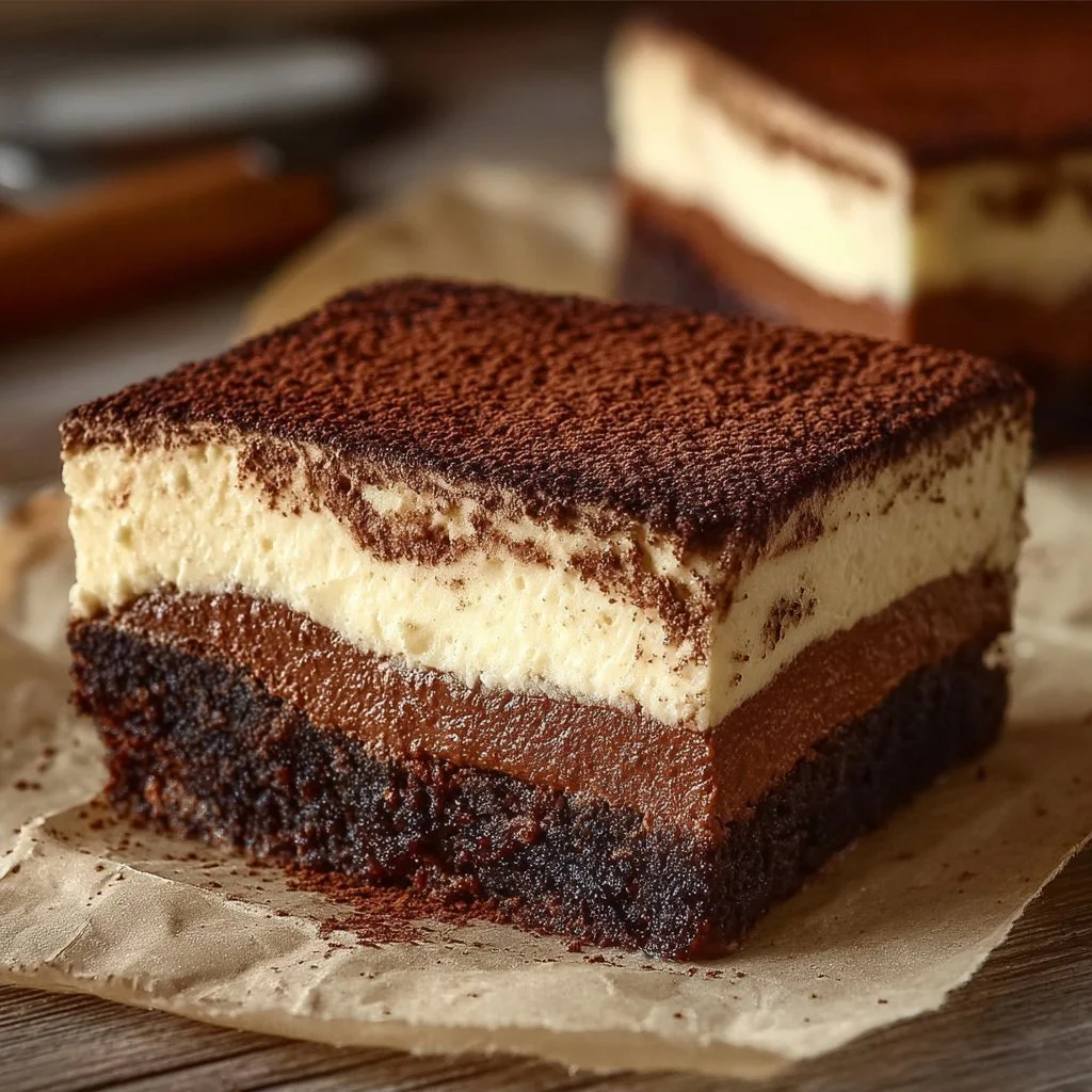 Delicious tiramisu brownies with coffee and creamy layers