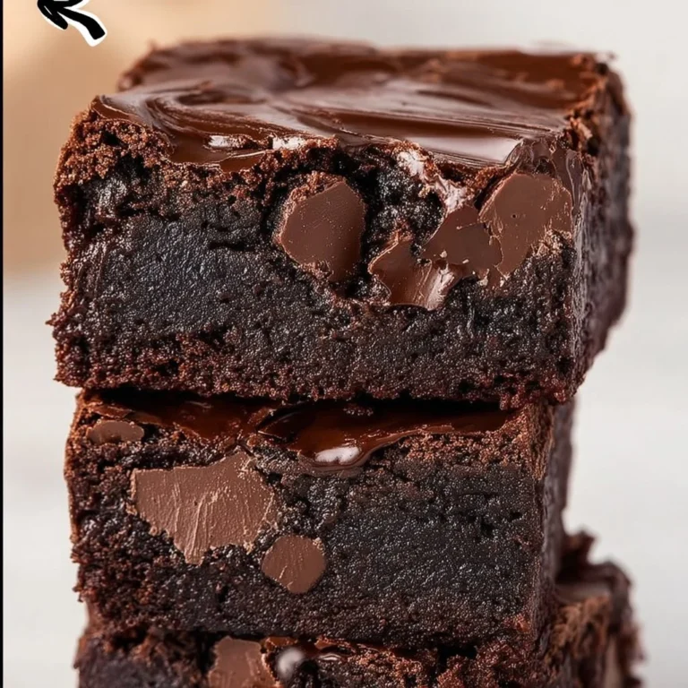 Delicious triple chocolate brownies topped with chocolate chips and fudge