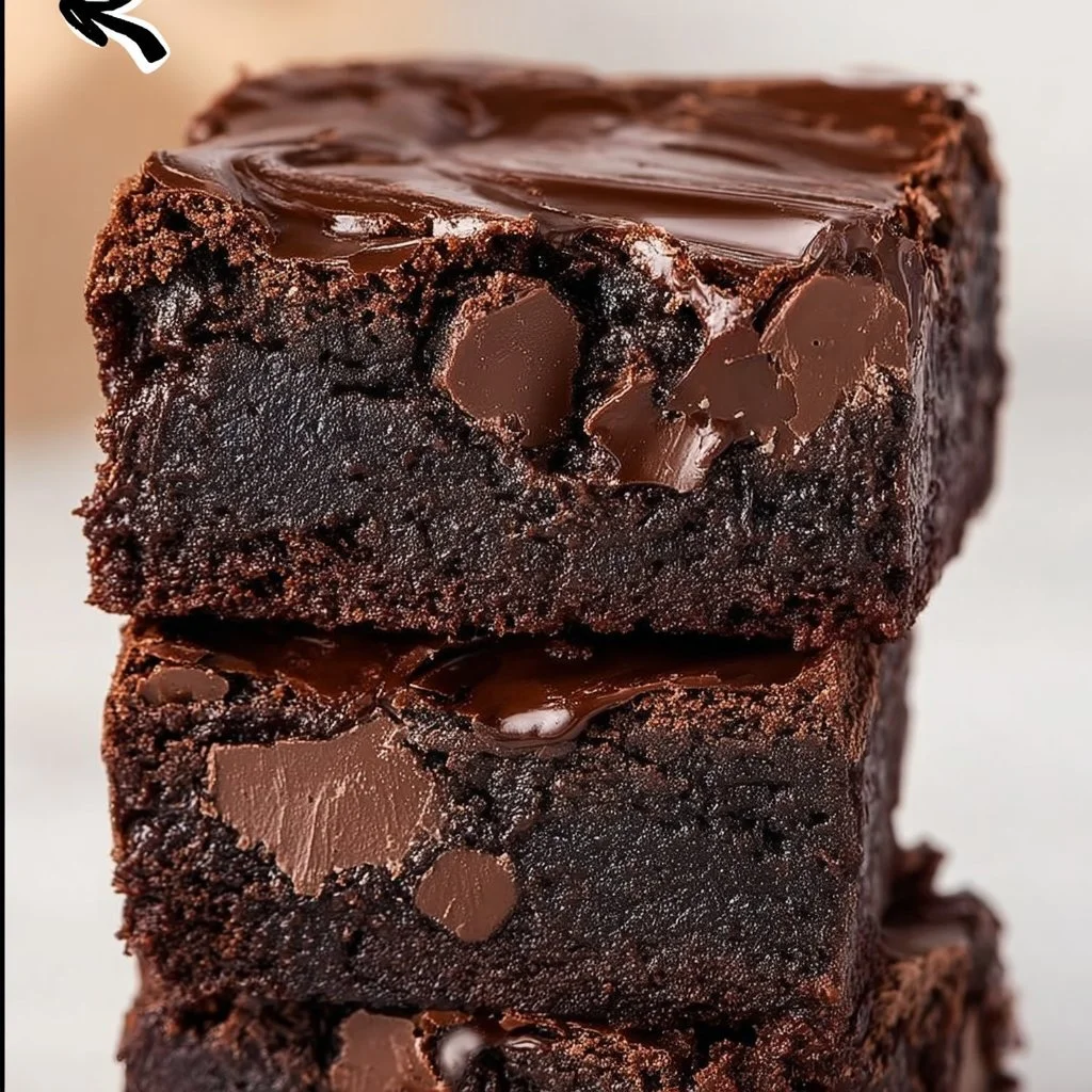 Delicious triple chocolate brownies topped with chocolate chips and fudge