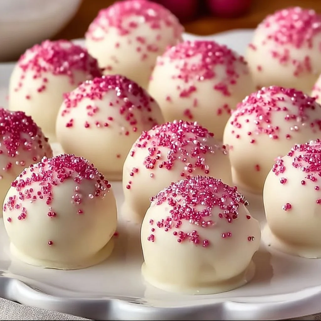 Delicious white chocolate raspberry truffles on a decorative plate.
