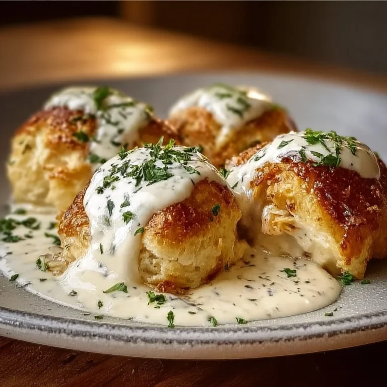 Delicious Chicken Pillows topped with creamy Parmesan sauce on a plate