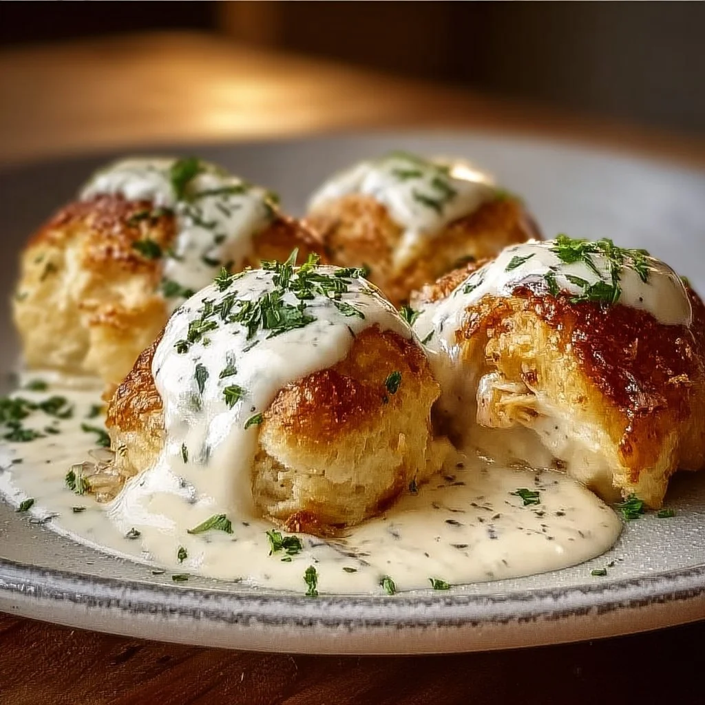 Delicious Chicken Pillows topped with creamy Parmesan sauce on a plate
