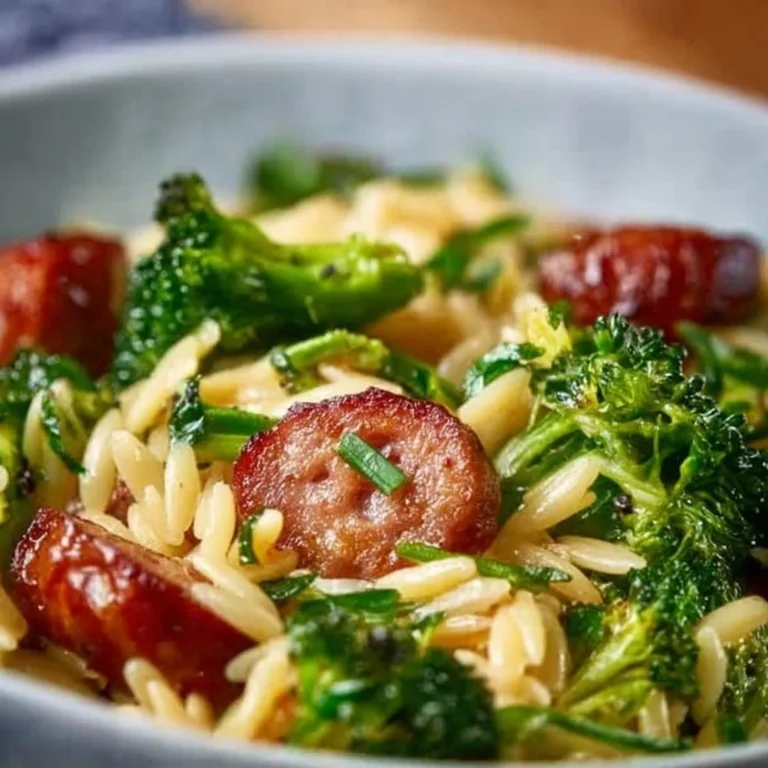 Plate of Chicken Sausage and Broccoli Orzo garnished with herbs