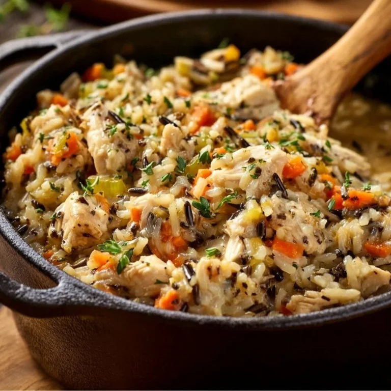 Delicious Chicken Wild Rice Casserole topped with herbs and baked to perfection.