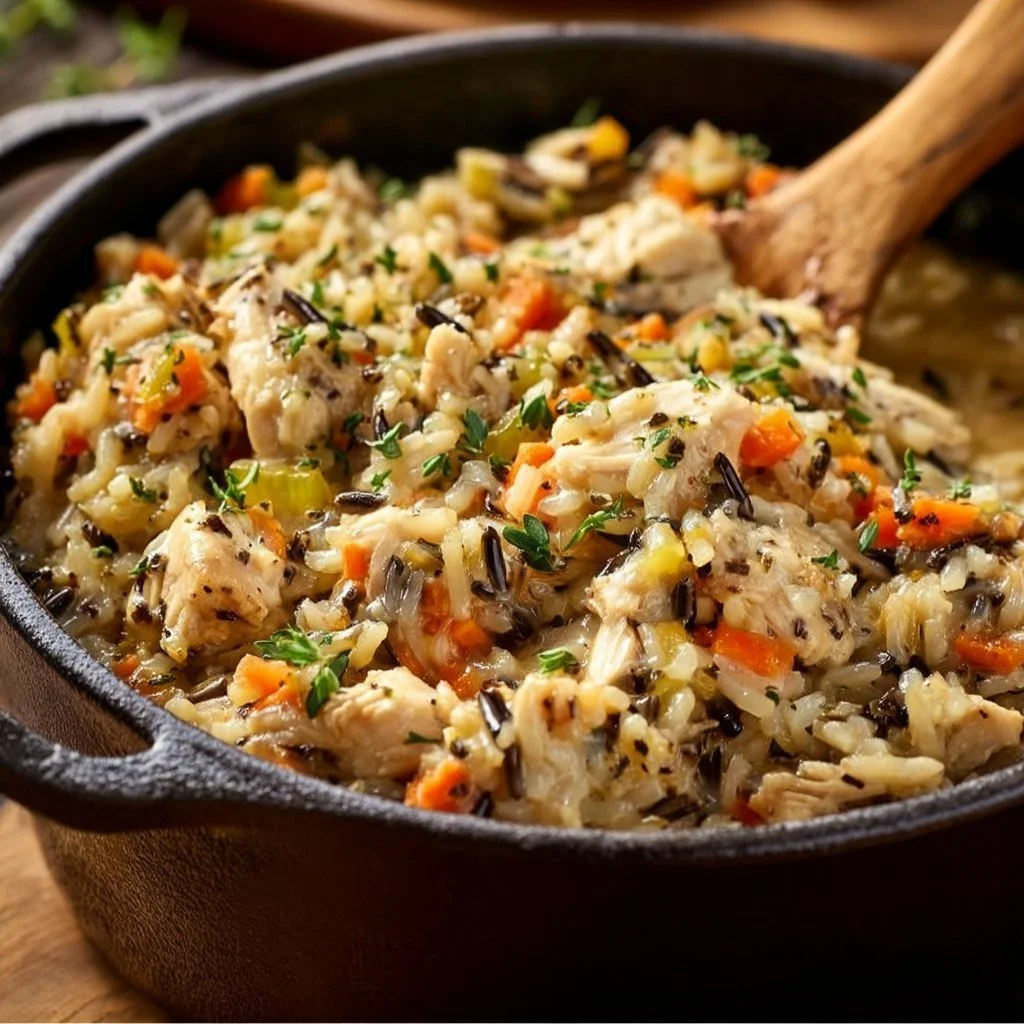 Delicious Chicken Wild Rice Casserole topped with herbs and baked to perfection.