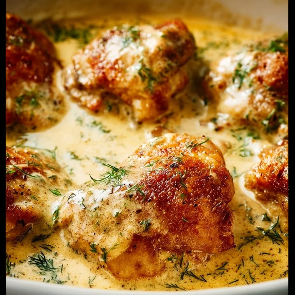 Creamy oven baked chicken thighs served on a plate with herbs