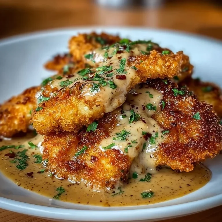 Crispy Parmesan chicken topped with rich garlic sauce on a plate