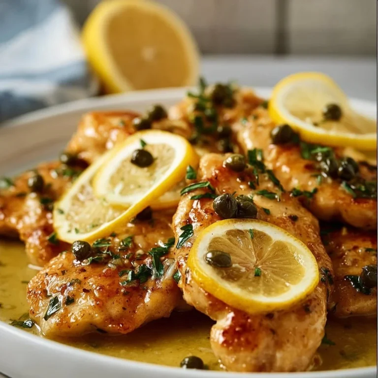 Crock Pot Lemony Chicken Piccata served with lemon slices and parsley garnish