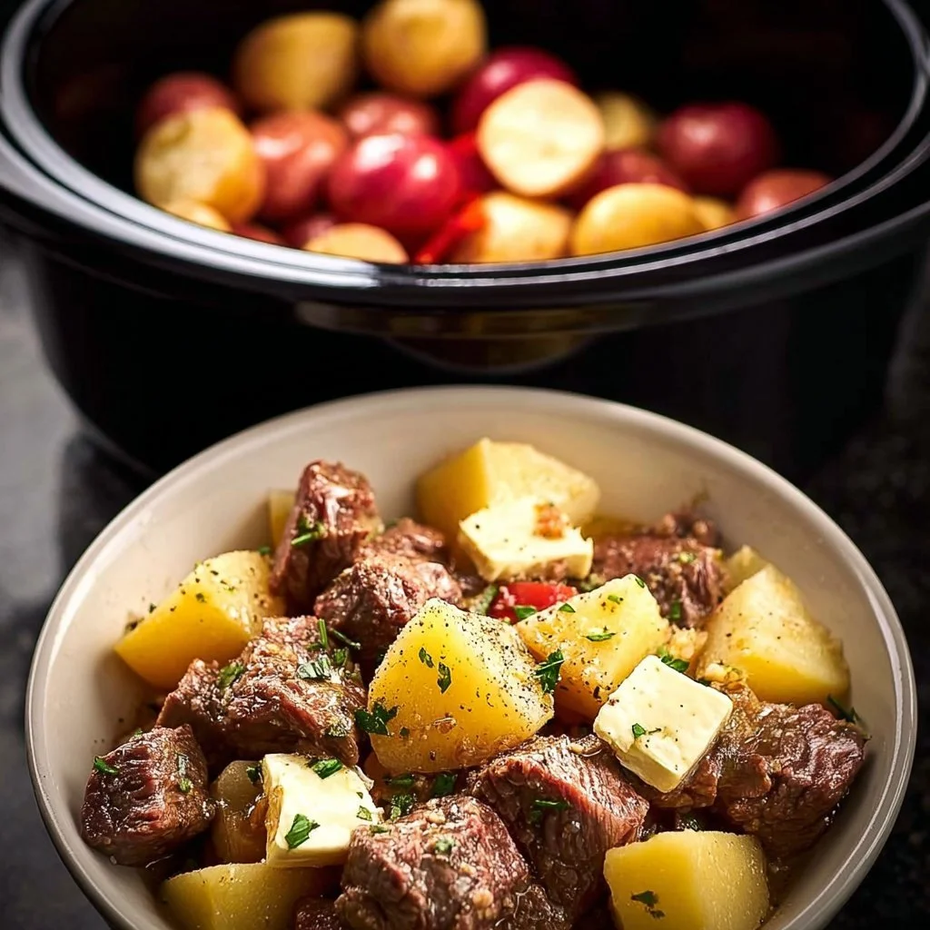 Crockpot Garlic Butter Beef Bites with Potatoes in a serving dish