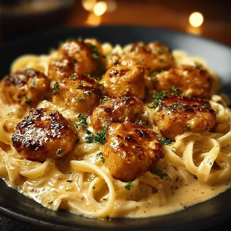 Delicious Garlic Butter Chicken Bites served with creamy parmesan pasta