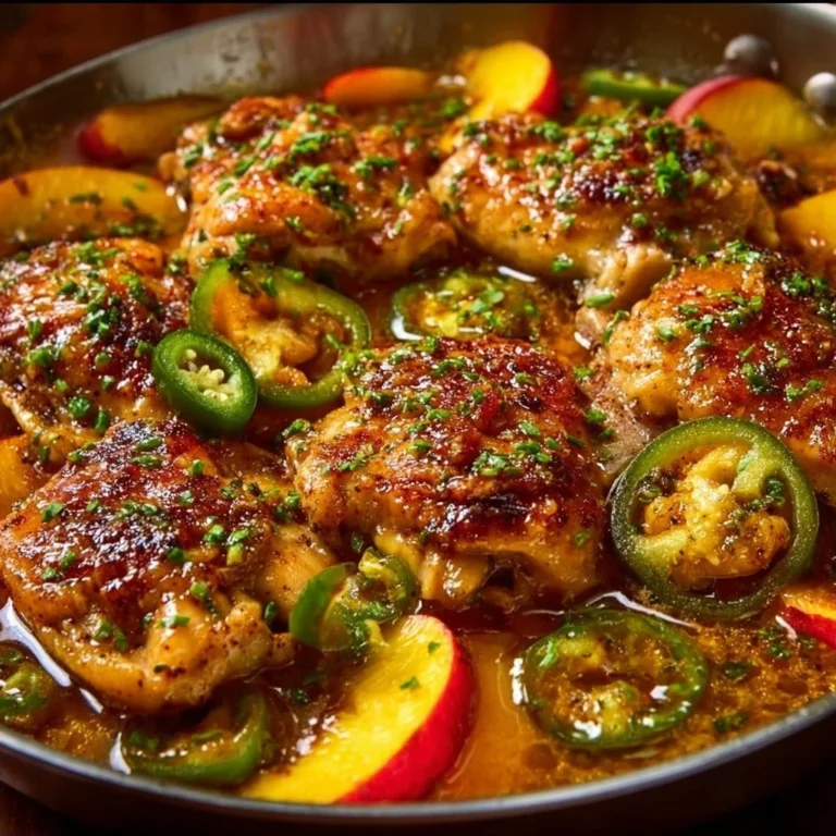 Jalapeno peach chicken recipe with vibrant ingredients and garnishing.