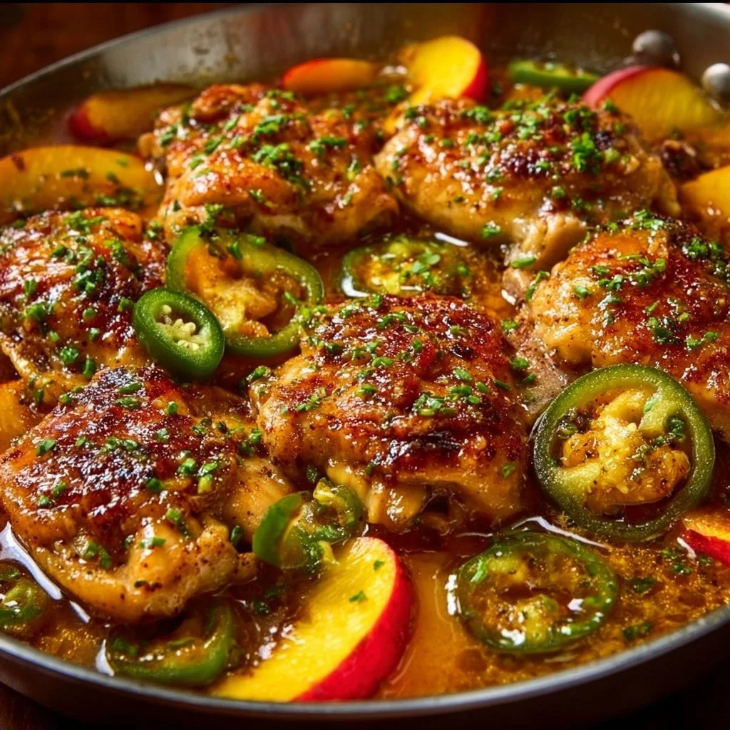 Jalapeno peach chicken recipe with vibrant ingredients and garnishing.