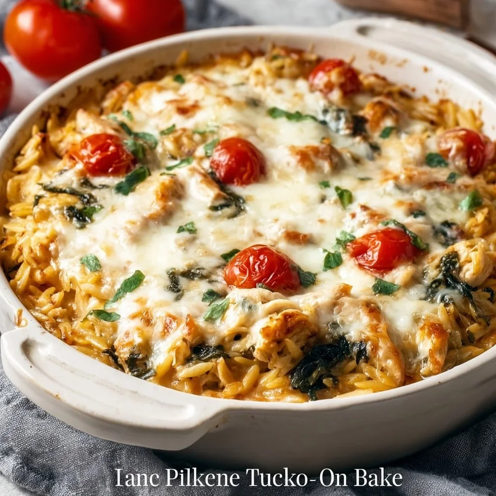 Delicious Orzo Tuscan Chicken Bake with rich flavors and tender chicken.